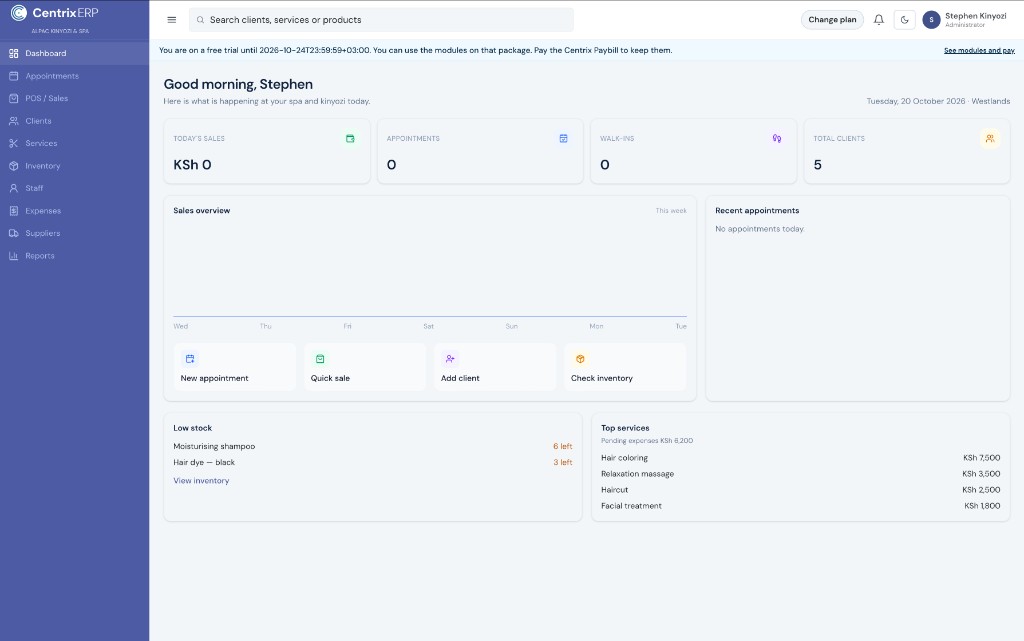 SPA & Kinyozi dashboard